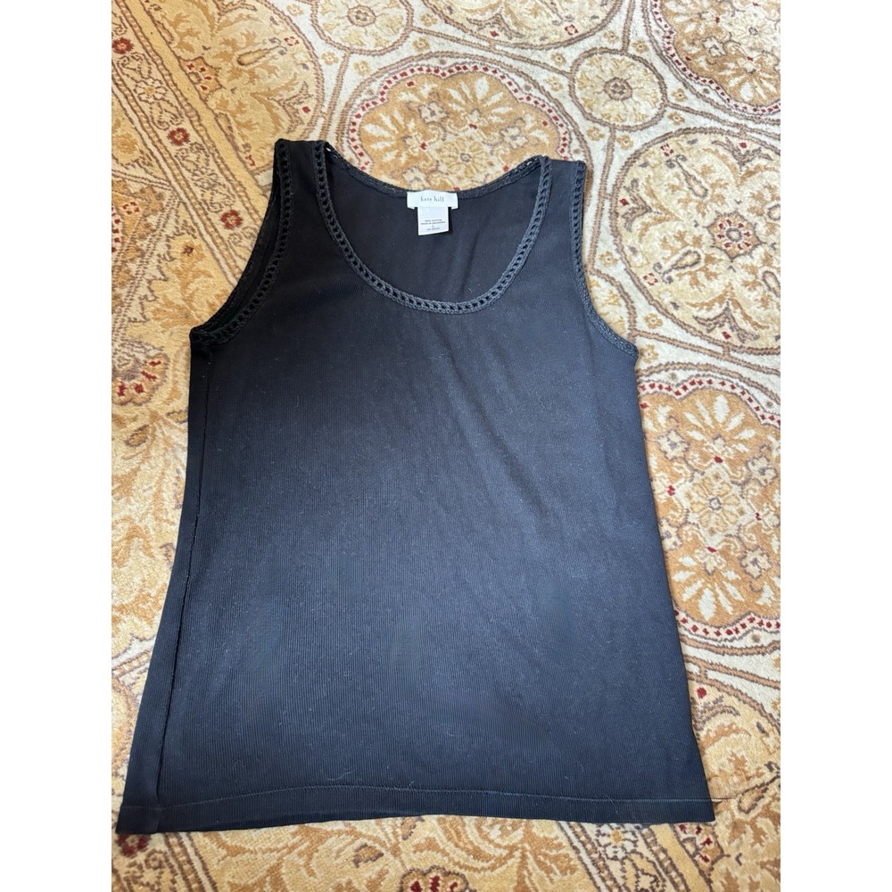 KATE HILL $34 Basic Black Ribbed women's tank top round neck crocheted L/Large